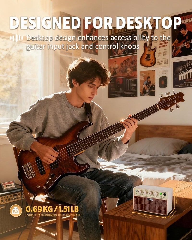 STRICH 2 x 5 W Mini Bass Amp - Portable, Rechargeable Bass Practice Amplifier with Clean & Drive Channels, 1/8 Headphone Output for Beginner, Brown - Image 4